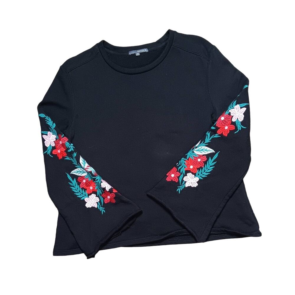 Womens Cypress Flowery Embroidered Pop over Sweater with Bell Sleeves in Size S
